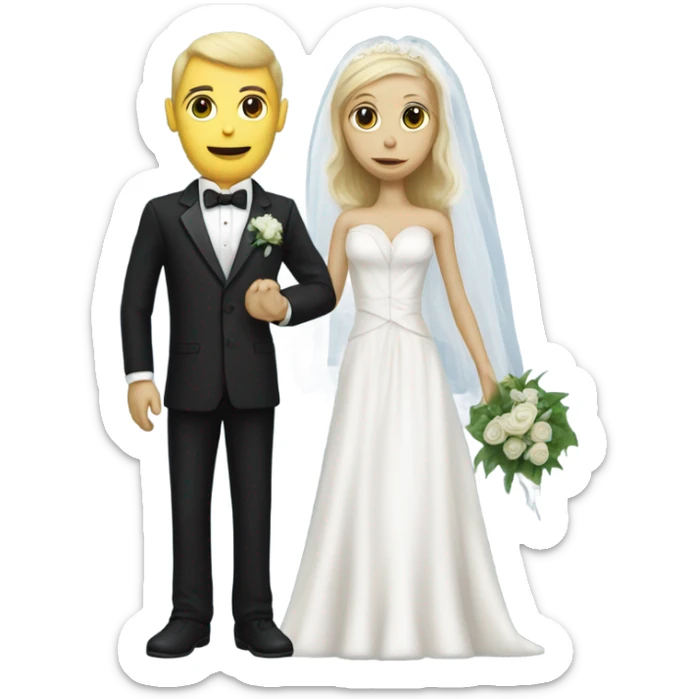 White humman man in a tuxedo, holding Alien reprilian woman in wedding dress, and one , hands getting married sticker