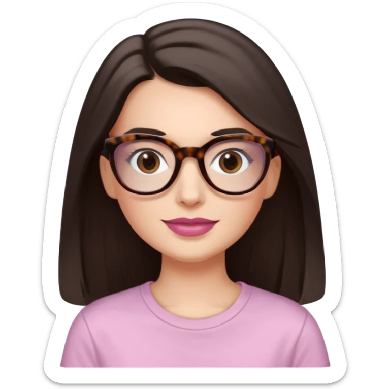White woman with long straight dark brown hair divided in the middle, dark Brown eyes, light tortoiseshell framed glasses. The lips have soft old pink coloured lipstick, and light smile (no teeth showing). No make-up in the eyes. The t-shirt is White. sticker