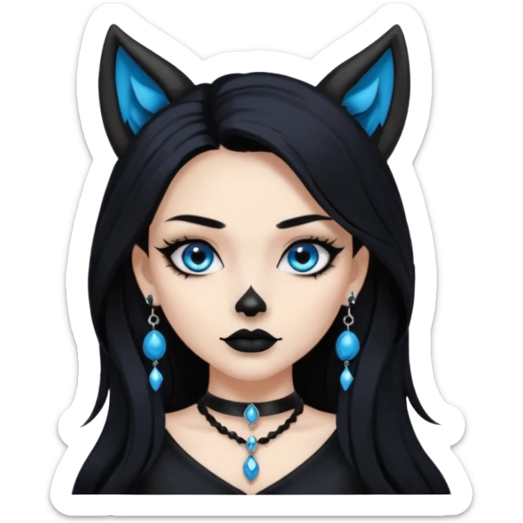 A girl with long black hair and blue eyes, black eyeshadow, black eye liner, mascara, and black lipstick, and black skull earrings. Also a black sexy dress and wolf ears  and a black pendent   sticker