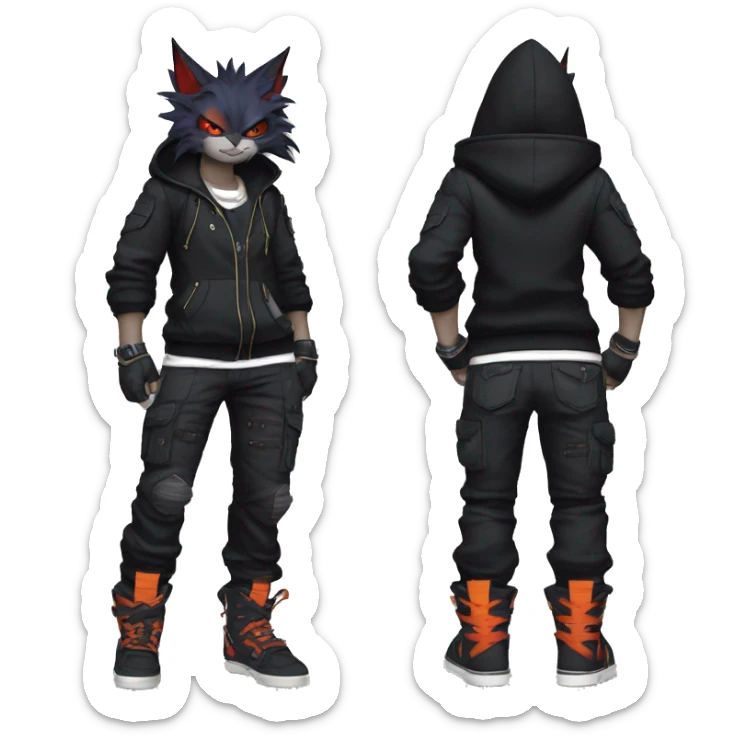 Cool Anthro Black Bat-Nargacuga-Litten-cat-Pokémon with edgy stripes hoodie spiked collar punk techwear Cargo Pants Full Body sticker