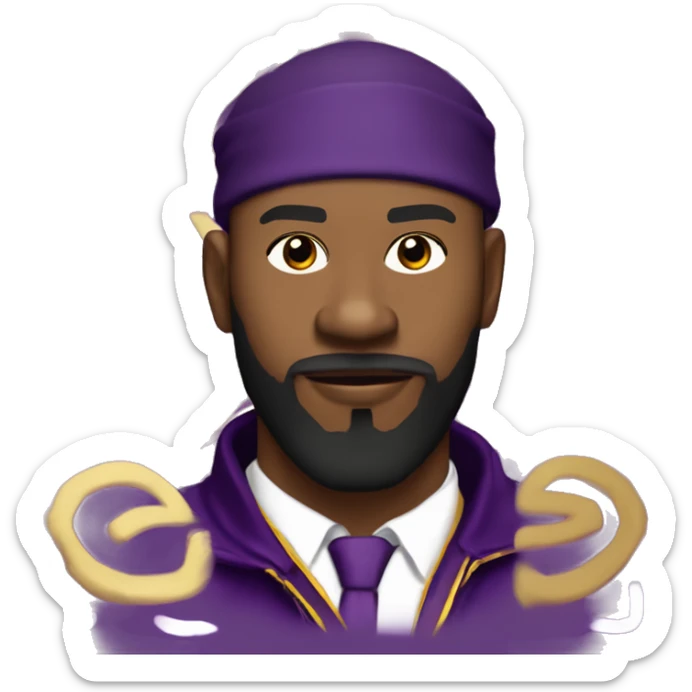 Omega psi phi man wearing a purple and gold letter man jacket a black durag on his head brown skinned black full beard and attractive slim nose and a gold hoop nose ring in nostril sticker