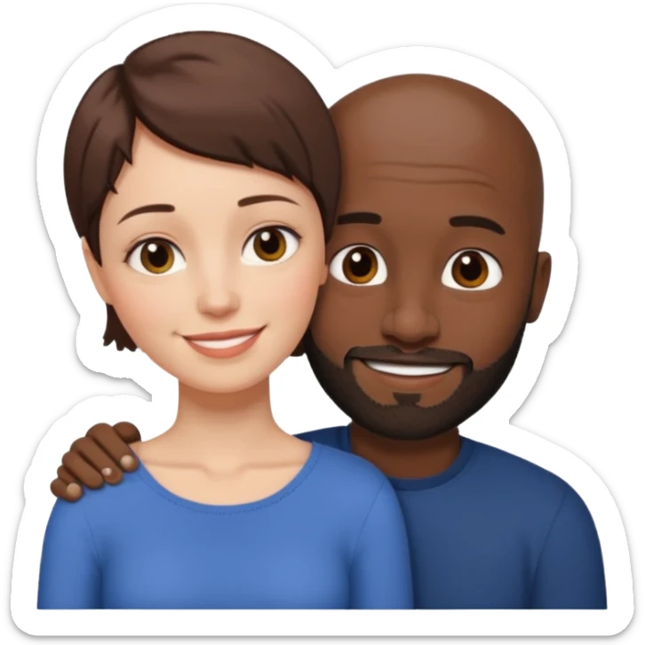 there is a white woman with short brown hair and a black man with no hair and a beard. The woman puts her head on the man's shoulder sticker
