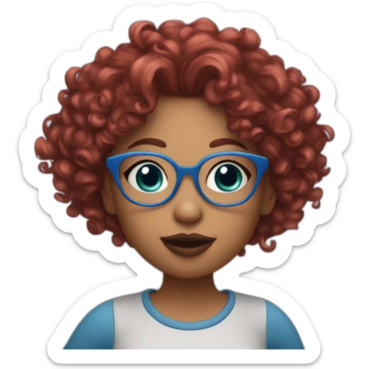 a curvy girl with curly red hair and blue glasses blowing a kiss sticker