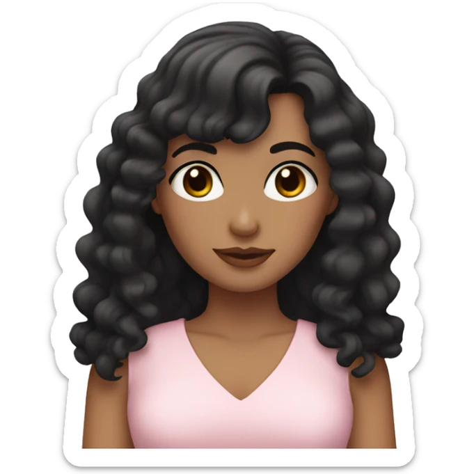 White woman with long black curly hair and bangs and dark brown eyes, wearing a pastel pink dress sticker
