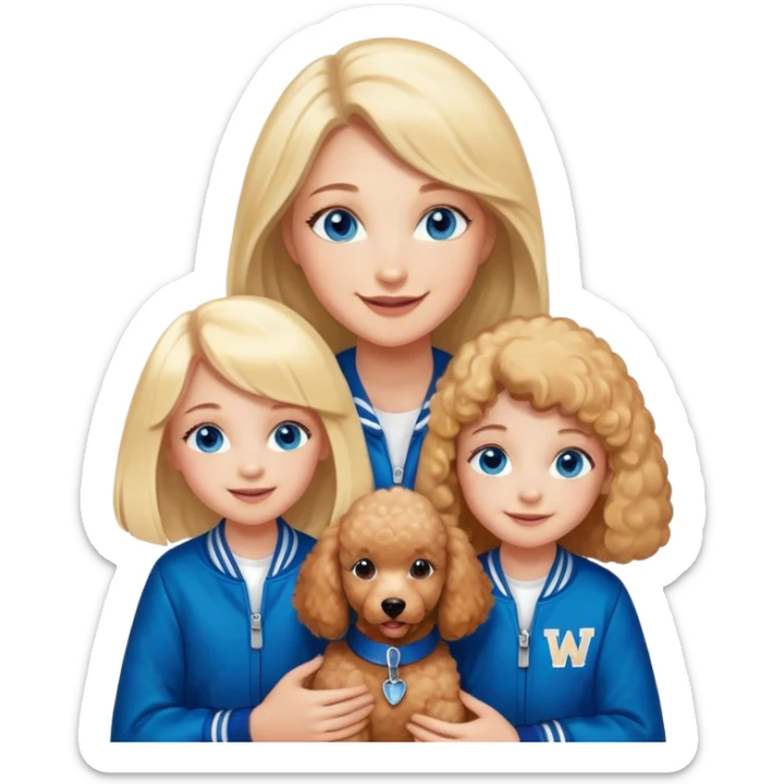 smiling mother in letterman jacket with W and Blue eyes, two Little girls Long blond straight hair and Blue eyes and one brown poodle puppie sticker