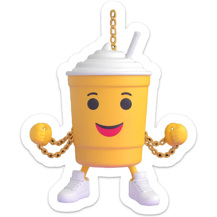 3D cartoon character of a Styrofoam cup of lean (purple drank), with a friendly face, arms, a gold chain, and Jordan sneakers, simple style sticker