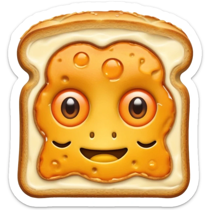 a toastie with melted cheese on the rim and an orange hat and two eyes in left  sticker