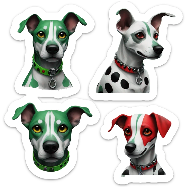 Edgy Punk dog spiked collar tattoos Green gray black red punk dog Harley Quinn as a dog mime clown harlequin facepaint tattoos punk lurcher surrealism  sticker