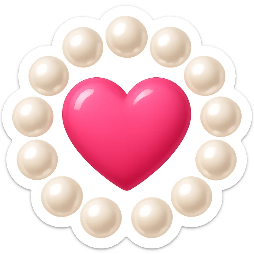Create a pink heart surrounded by pearls in the style of emoji, with no background. The image should have a clean and simple emoji look with pearl details surrounding the heart. sticker