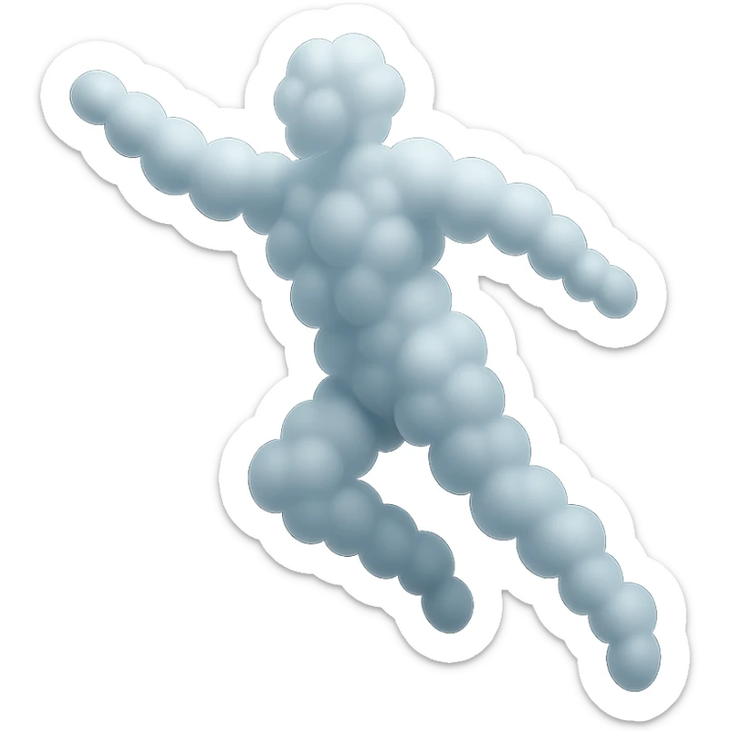 flying person made entirely of small very white fluffy convex clouds, matte glass style, minimalism sticker