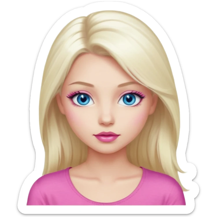 Girl with long platinum blonde hair, blue eyes, long lashes, sexy pink lips, wearing a pink top sticker