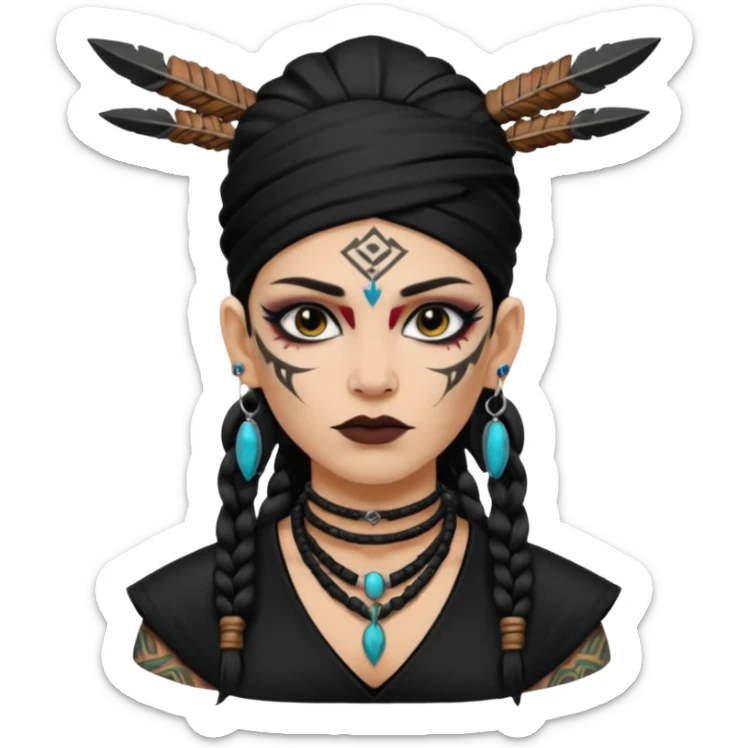 white shaman woman black clothes black accesories face tattoos sticker