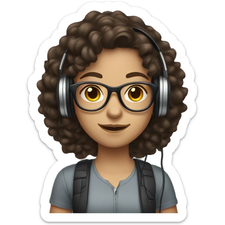 Caucasian girl with long dark brown curly hair, glasses, and headphones on sticker