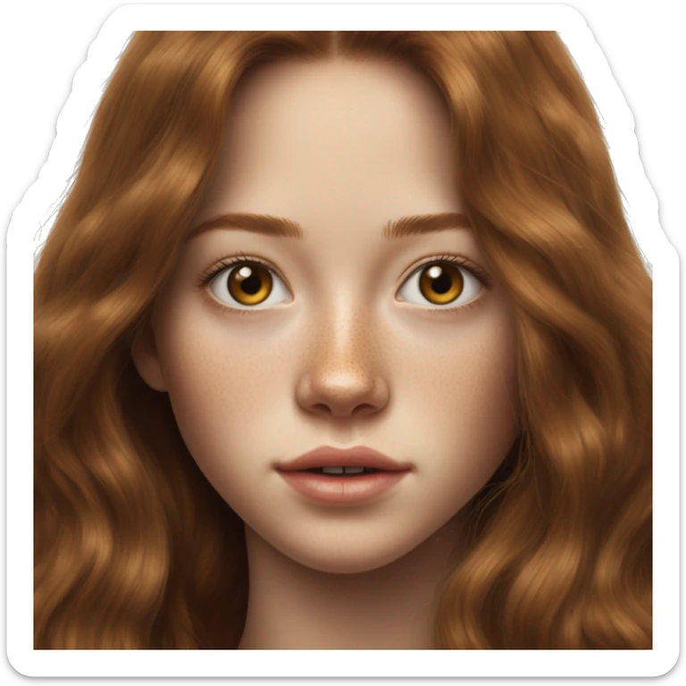 Maja Strojek long brown hair teenager, freckles, hyperreal, photoreal portrait sticker