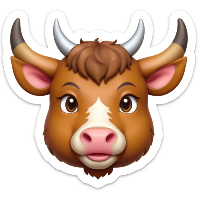Cinematic Cute Domestic Ox Portrait Emoji, Head tilted playfully and inquisitively, with a robust, compact build and a polished hide adorned with subtle natural patterns, round, sparkling eyes full of gentle curiosity, Simplified yet irresistibly adorable features, highly detailed, glowing with a warm, friendly glow, high shine, affectionate and grounded, stylized with a touch of rustic charm, soft glowing outline, capturing the essence of a mischievous yet loving ox that feels like it could amble out of the screen into your arms! sticker