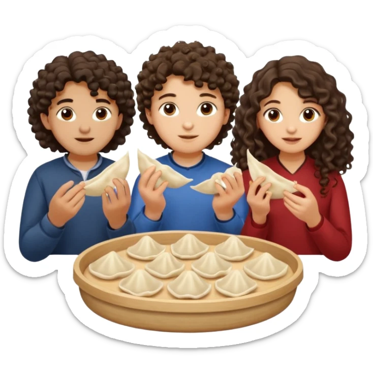 Can you create an emoji of three 23 year olds eating dumplings. One boy with wavy curly hair and one Jewish girl with long dark brown curly hair and one half Indian / half white girl with mid length dark brown hair. All brown eyes sticker