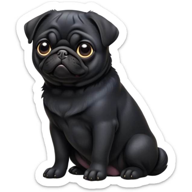 cinematic-[black pug]-realistic-full-body-sitting-emoji,-tail-resting-loosely-beside-its-paws,-head-tilted-dramatically, -sleek-[black]-fur,-simplified-yet-realistic-focused-features,-highly-detailed,-glowing-with-an-almost-sarcastic-glow sticker