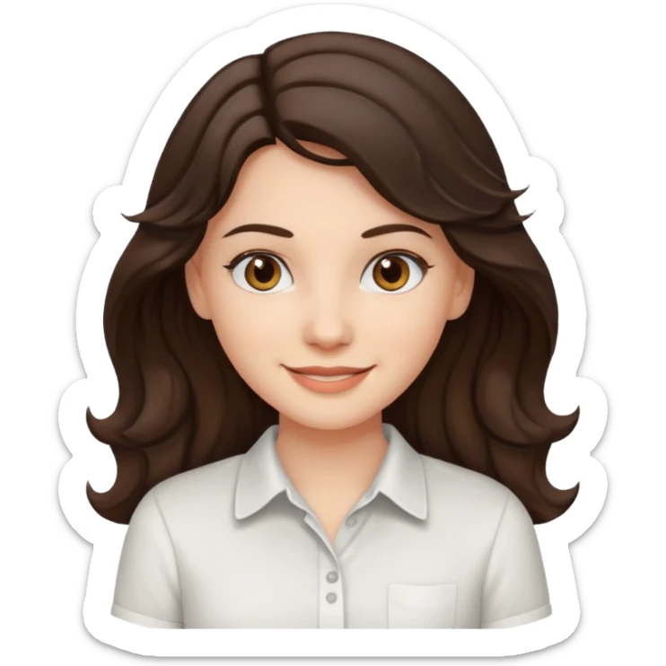 A White girl with wavy and dark hair, light brown eyes and a white shirt smiling sticker