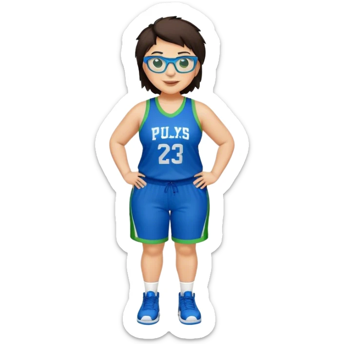 Full Body plus size white female with short dark hair with highlights spike hair wearing blue glasses basketball player wearing blue green uniform smiling sticker