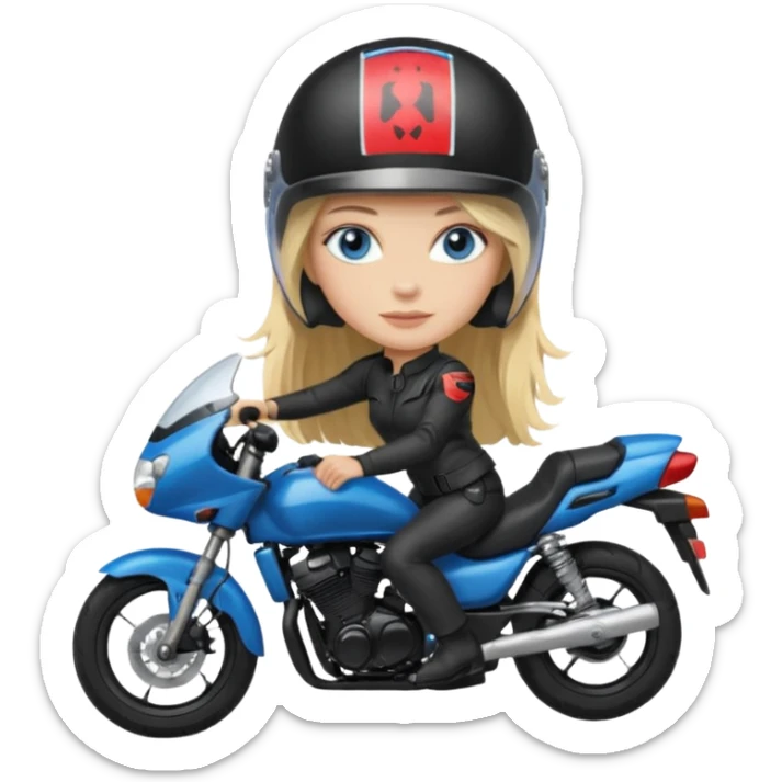 moça cabelo comprido loira de olho azul de capacete em uma moto honda preta  sticker