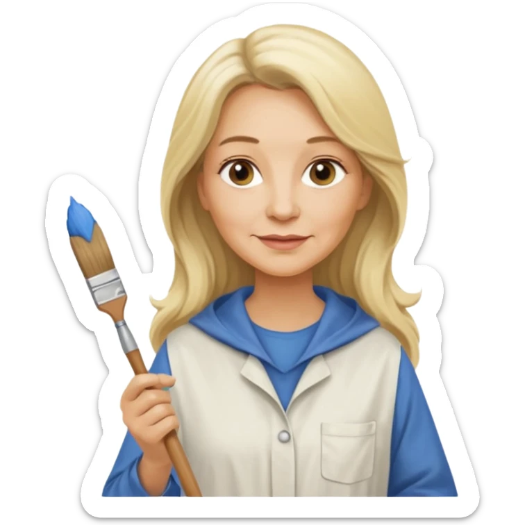 FEMME 55 ANS ET PLUS BLONDE CHEVEUX LONG  ARTISTE PEINTRE AVEC UN PINCEAU sticker