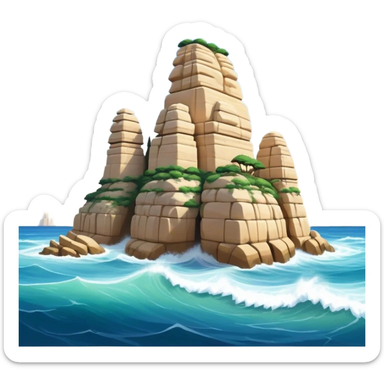 Cinematic Realistic Raouche Rocks, Beirut Landmark Emoji, depicting the majestic limestone rock formations rising from the Mediterranean Sea, with waves crashing against their bases under a vibrant sky. sticker