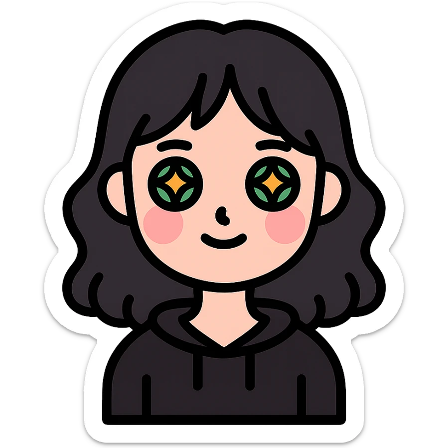 A cute girl with white skin, dark wavy hair just below her shoulders, green eyes, fair skin, a soft pink blush, and burning stars in her eyes. She has a thin neck and is wearing a black hoodie. The girl has long bangs styled on both sides of her face. sticker