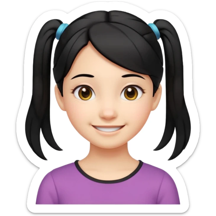 smiling girl with black hair parted in the middle tied into two low pigtails near the neck, round eyes, cheerful expression, soft cartoon-like facial features, head and upper shoulders, clean lines, minimal white background, vibrant and simple emoji style sticker