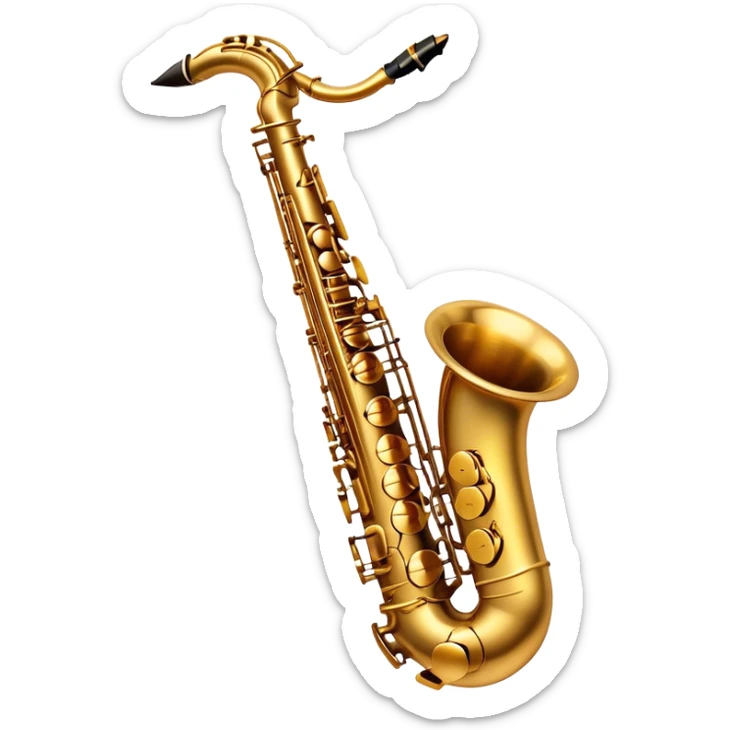 Cinematic Realistic Saxophone, smooth, curving golden brass body, intricate keywork reflecting soft warm light, rich patina adding character, glowing with a jazzy and atmospheric presence. sticker