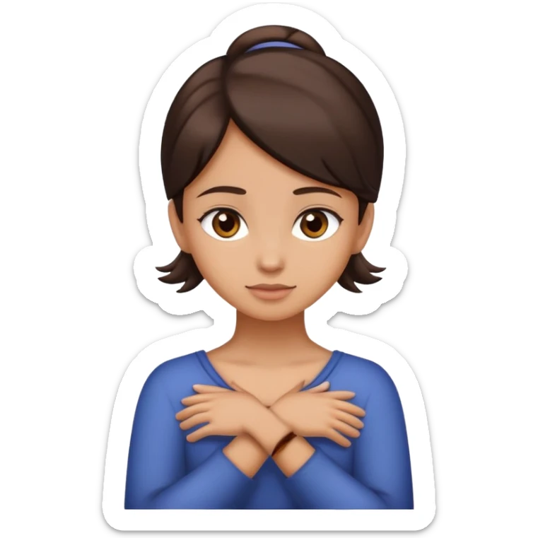 girl with hands cross on her neck with light tan skin and dark brown hair and light brown eyes sticker