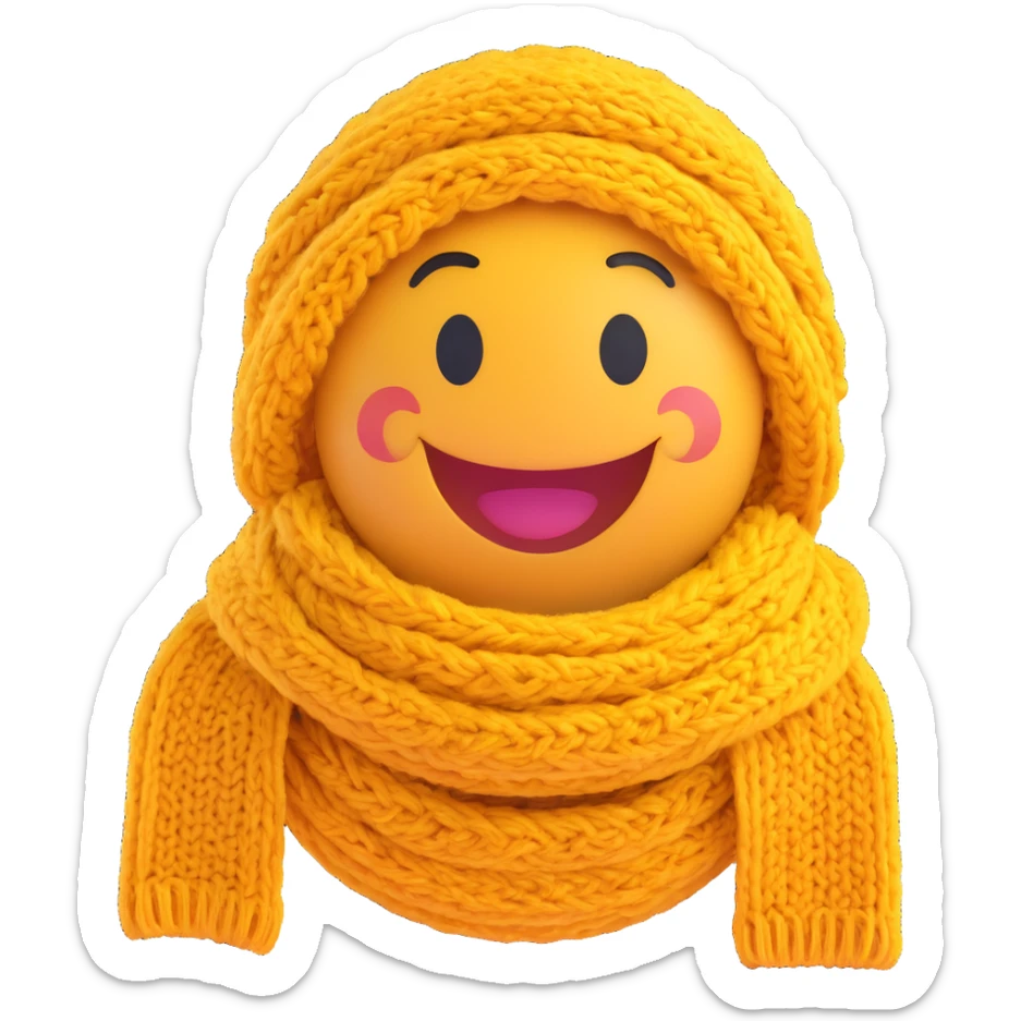 3D smiley emoji, round shape, grandmother with knitted scarf, purple color, smiling face sticker