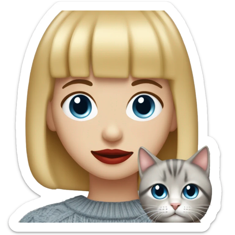girl with blonde bob hair and bangs (a fringe) with blue eyes, long eyelashes and red lipstick in a red cable knit sweater holding a grey cat sticker