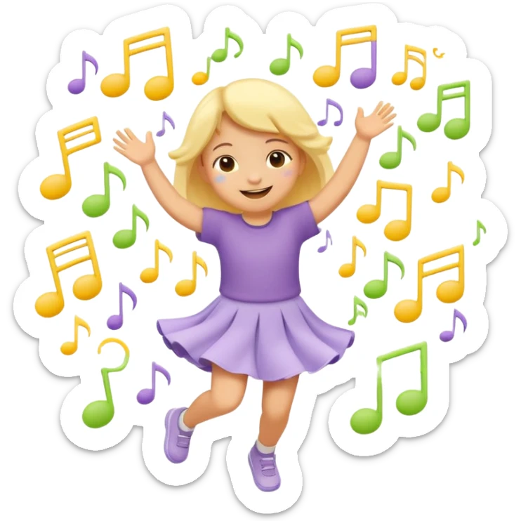 Flat illustration emoji of a small child dancing or moving joyfully to music, musical notes floating around, smiling expression, soft pastel colors (yellow, lavender, light green), rounded shapes, minimal details, child-friendly, warm and playful style sticker