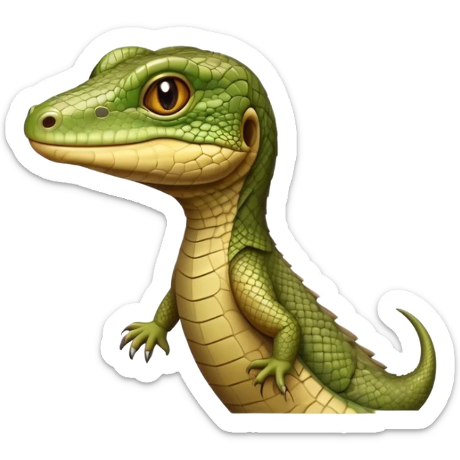 Cinematic Realistic Cute Monitor Lizard Portrait Emoji, Head tilted playfully and inquisitively, featuring a compact, agile body with finely detailed, glossy scales in earthy olive hues and a distinct, alert face with bright, curious eyes, rendered with lifelike natural highlights, high shine, affectionate and spirited, styled with a touch of rugged whimsy, soft glowing outline, capturing the essence of a mischievous yet lovable monitor lizard that seems poised to scurry playfully into your arms! sticker