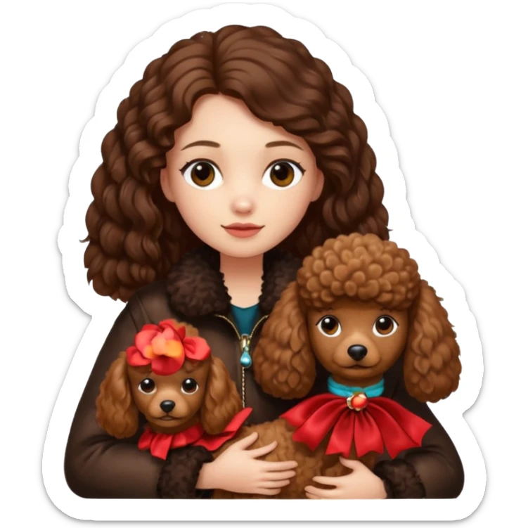 A girl who has long brown hair and wears a fur jacket holds a brown poodle sticker