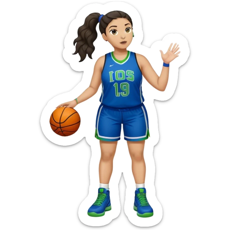 full body plus size light skin  latino women basketball player with wavy dark hair in pony tail wide nose wearing blue uniform with green accent sticker