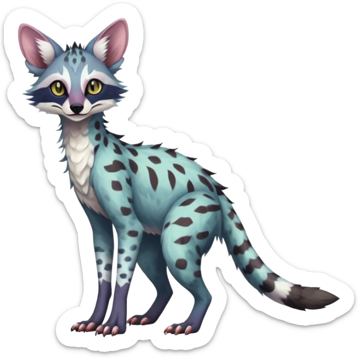 Feral Rare Fantasy dark colorful pastel vibrant tropical Vernid-Sergal-Genet-Trico-species by LiLaiRa, random markings, tufted tail, tufted ears, full body sticker