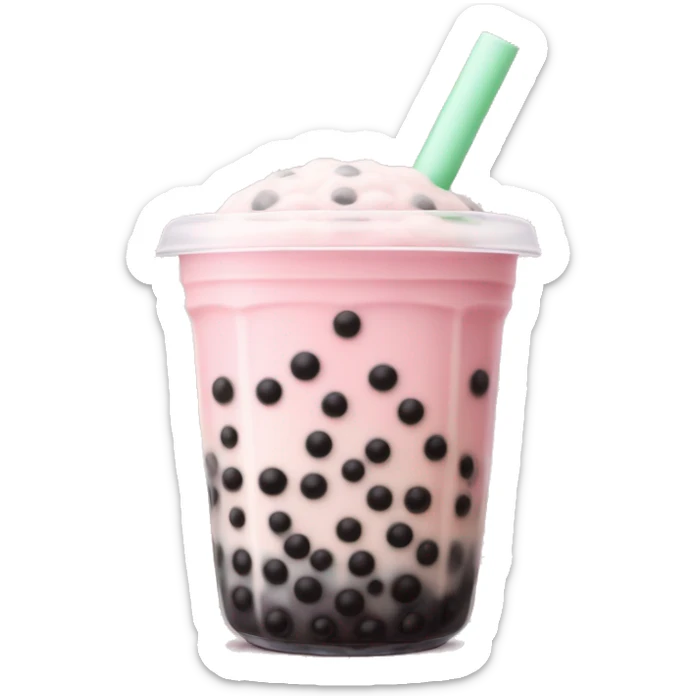 cup of boba tea with a soft pastel pink color, topped with creamy milk and filled with chewy black tapioca pearls. The drink has a smooth, sweet look sticker