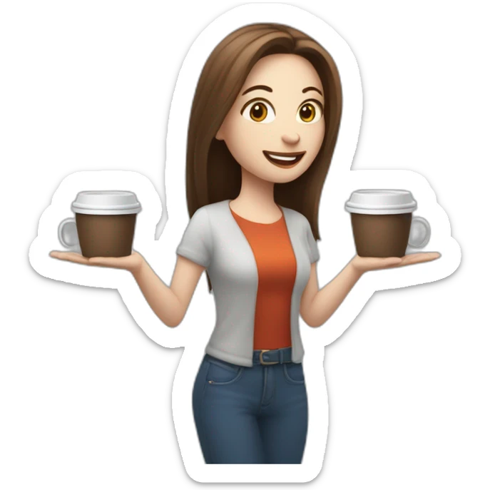 woman juggler with long straight brown hair and pale skin juggling three coffee cups and two mini laptops in the air sticker