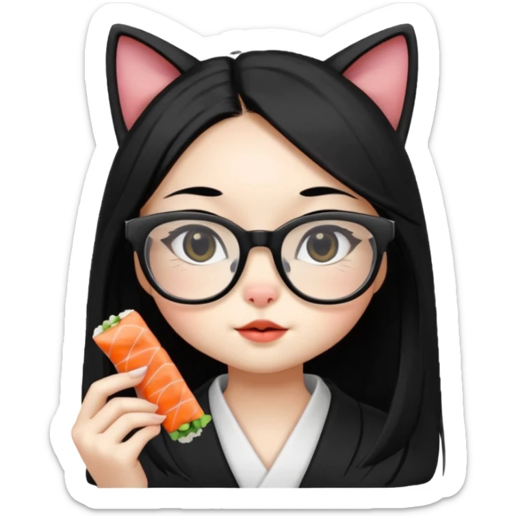 cute girl cat with long straight hair and really big square glasses with super thin frames eating sushi sticker