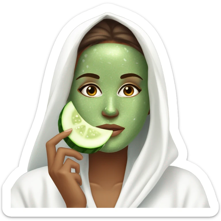 Girl with freackles Brown hair white skin and blue eyes wears Green colored texture skin care mask all over her face while She relaxes and puts two round piece of cucumber on her closed eyes In a white Robe sticker