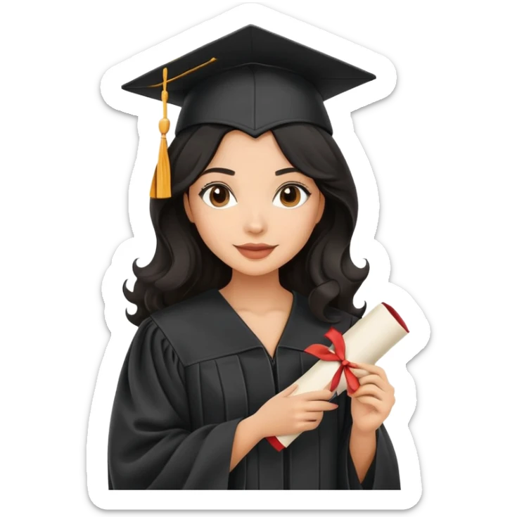 beautiful latina woman with wavy black hair wearing graduation cap and gown, holding diploma sticker