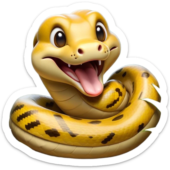 Cinematic Cute Yawning Anaconda Portrait Emoji, Head tilted slightly with a dramatic, wide-open yawn, showcasing a sinuous, scaled form with half-closed, drowsy eyes and an open, relaxed mouth, Simplified yet irresistibly adorable features, highly detailed, glowing with a soft, cozy jungle glow, high shine, relaxed yet expressive, stylized with a dash of whimsical reptilian charm, soft glowing outline, capturing the essence of a drowsy yet affectionate anaconda that appears ready to stretch out for a nap! sticker