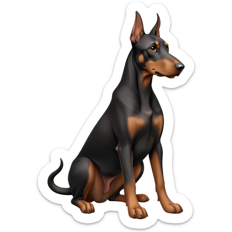 cinematic-[doberman]-realistic-full-body-sitting-emoji,-tail-resting-loosely-beside-its-paws,-head-tilted-dramatically, -sleek-[black and tan]-fur,-simplified-yet-realistic-focused-features,-highly-detailed,-glowing-with-an-almost-sarcastic-glow sticker
