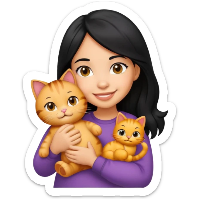 light skin girl with black hair holding a Garfield cat sticker
