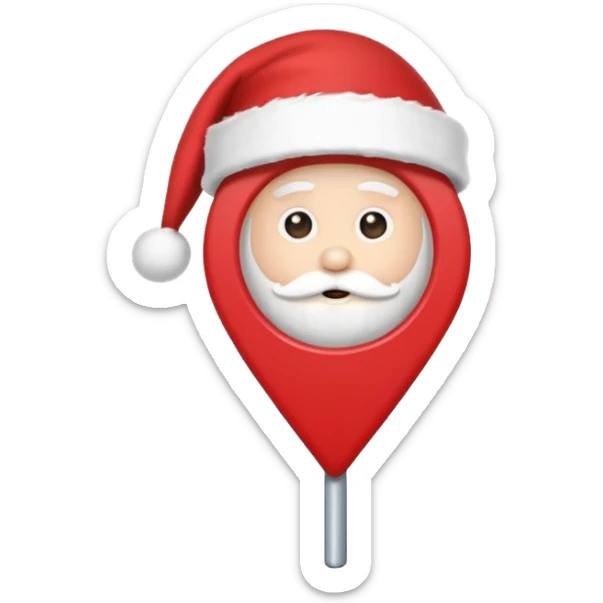 Create an icon of a location pin with a Christmas Santa hat on top, in a clean, modern, flat style. sticker