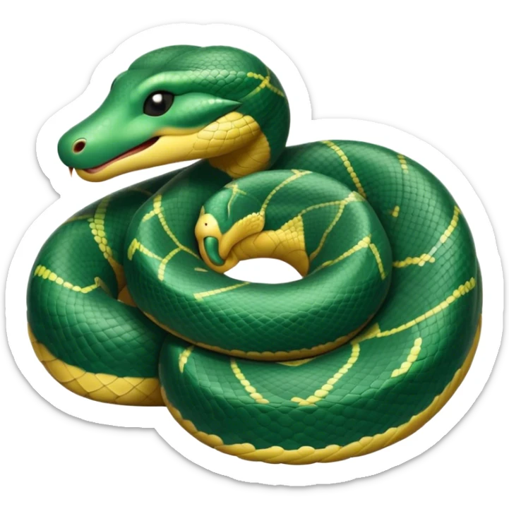 Meme-Worthy cute Sleeping Anaconda Portrait Emoji, Body coiled in a relaxed, peaceful slumber with a contented expression and softly closed eyes, showcasing intricately patterned scales and a serene demeanor, Simplified yet hilariously adorable features, highly detailed, glowing with a soft, drowsy jungle light, high shine, relaxed and utterly lovable, stylized with an air of playful laziness, bright and heartwarming, soft glowing outline, capturing the essence of a sleeping serpent that feels destined to become the next viral sensation of adorable rest! sticker