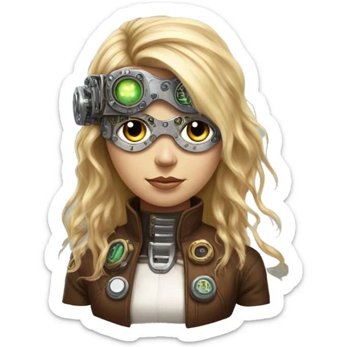 Brown long hair with blonde steaks female cyborg head, fair skin, steampunk goggles and circuits sticker