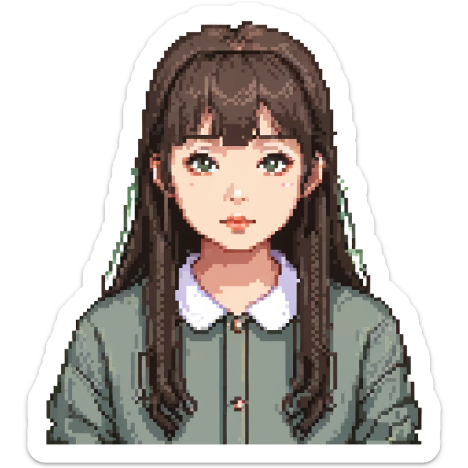 pixel art of an Asian girl, thin bangs, long hair, round eyes, no double eyelids sticker