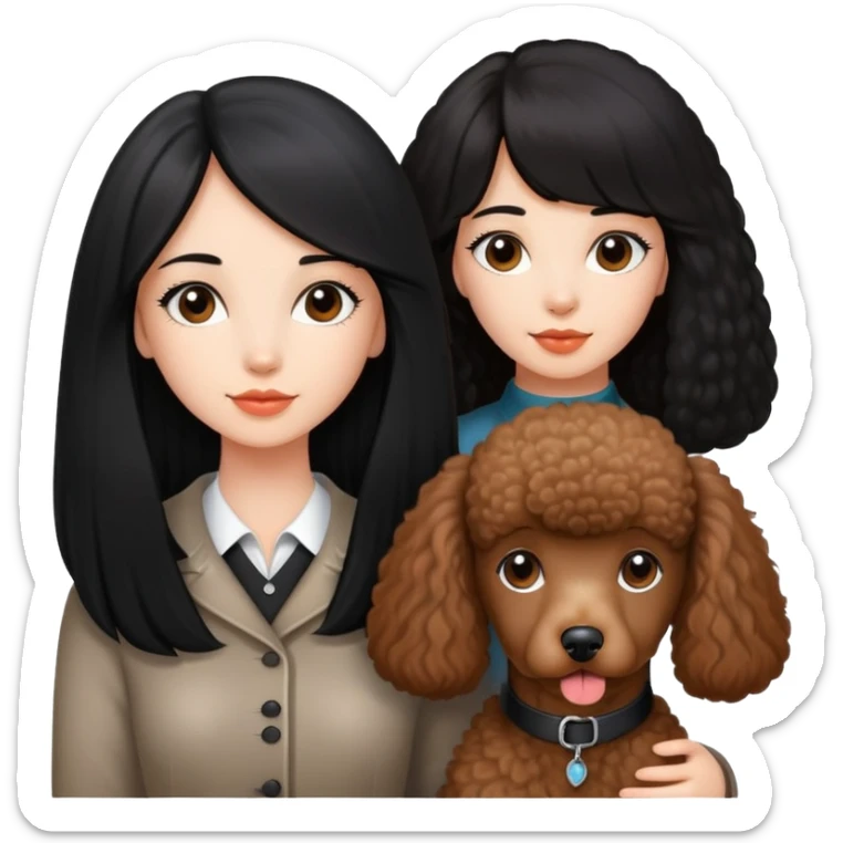 A beautiful and well-behaved girl with fair skin has long straight black hair and a brown Poodle. sticker